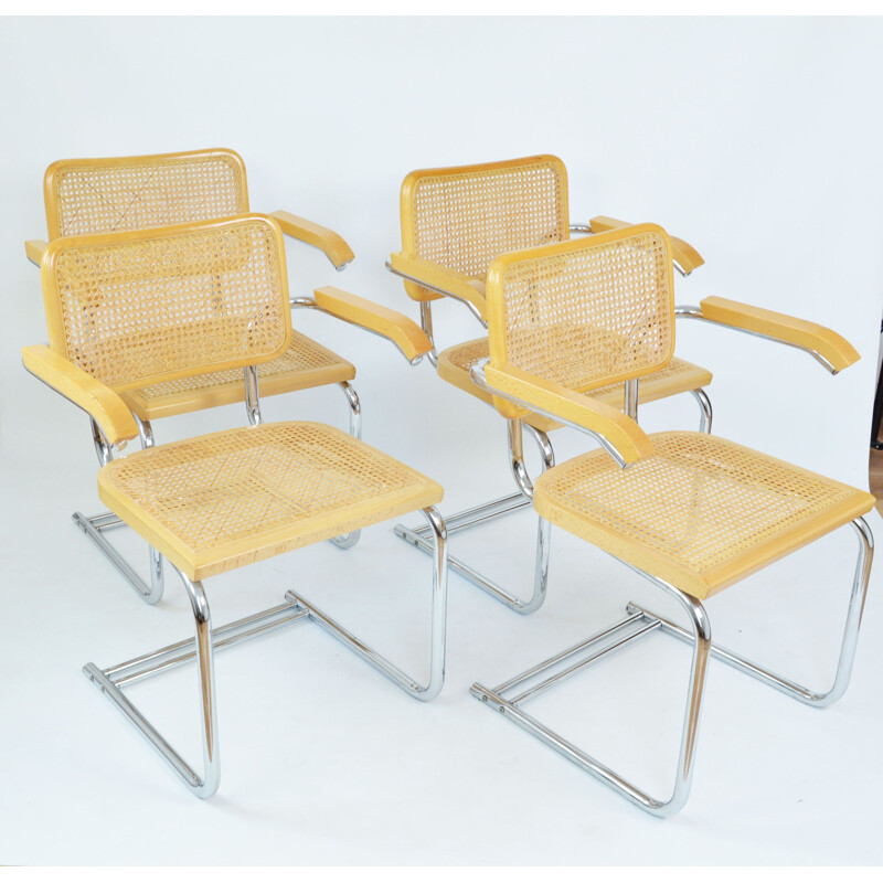 Set of 4 vintage wood and rattan chairs with armrests, Italy 1970s