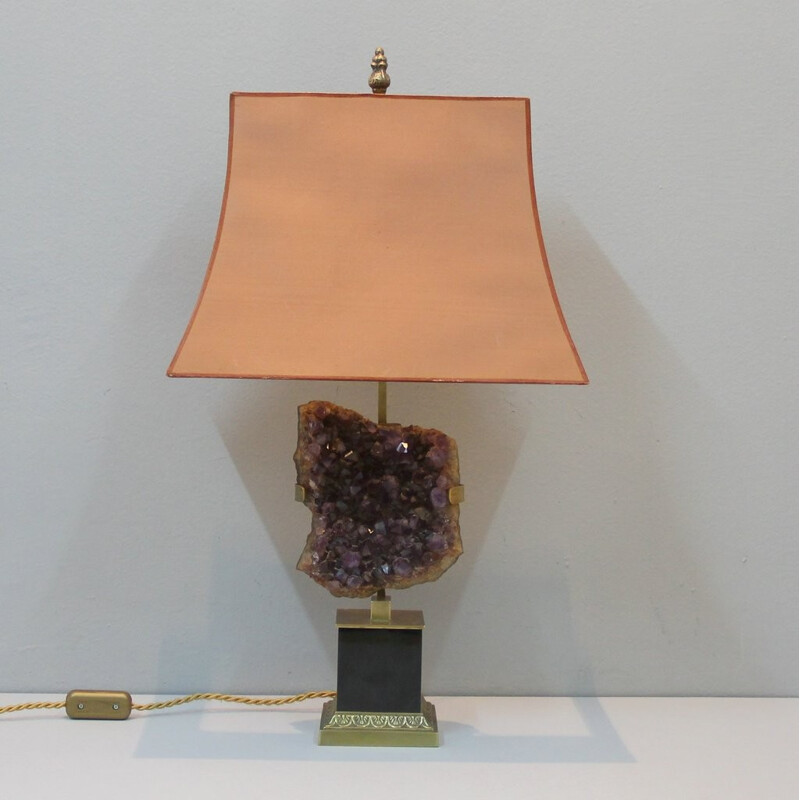 Belgian salmon pink table lamp in bronze and amethyste - 1970s