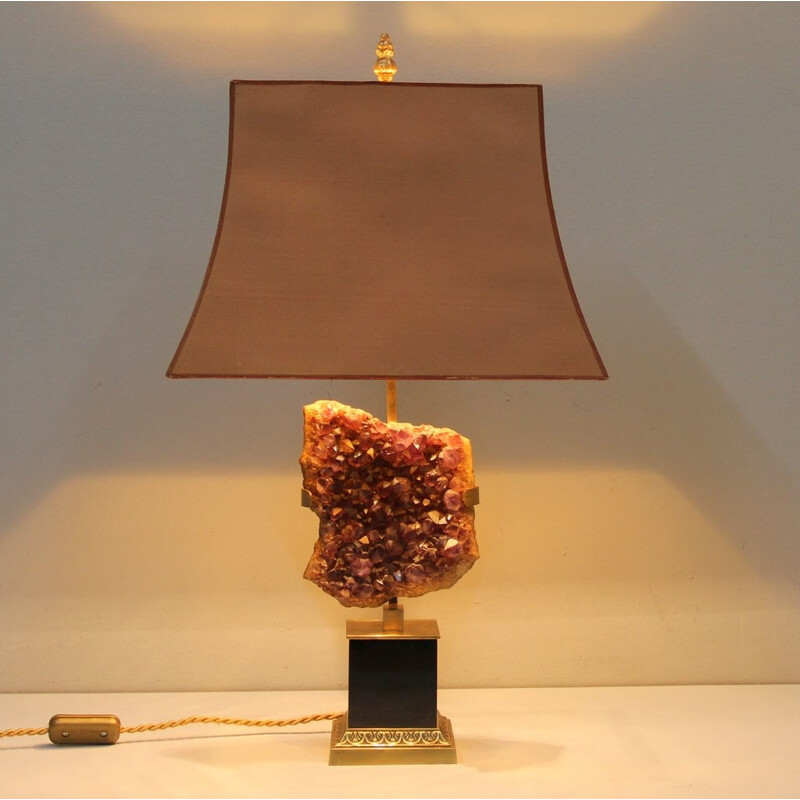 Belgian salmon pink table lamp in bronze and amethyste - 1970s