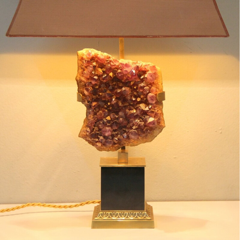 Lampe de table rose saumon en bronze et améthyste - 1970