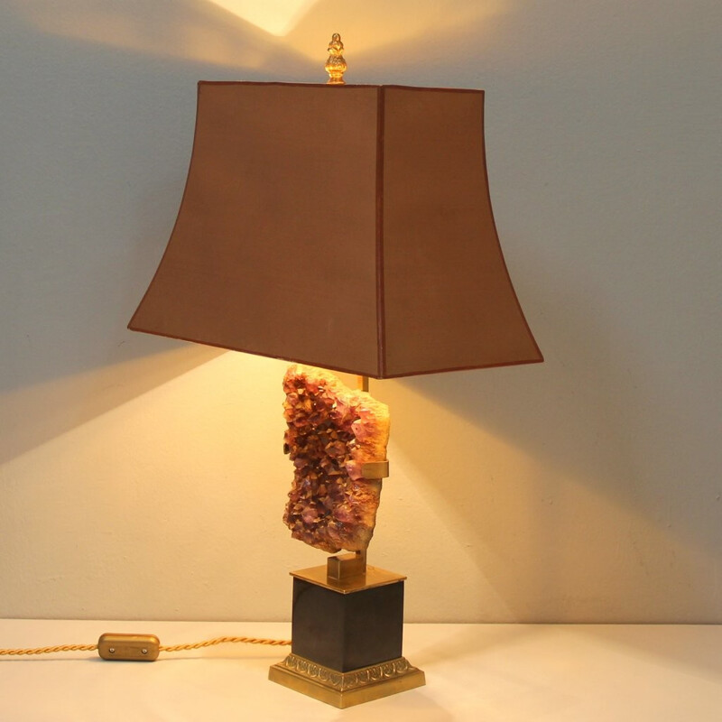 Belgian salmon pink table lamp in bronze and amethyste - 1970s