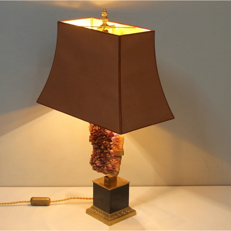 Belgian salmon pink table lamp in bronze and amethyste - 1970s