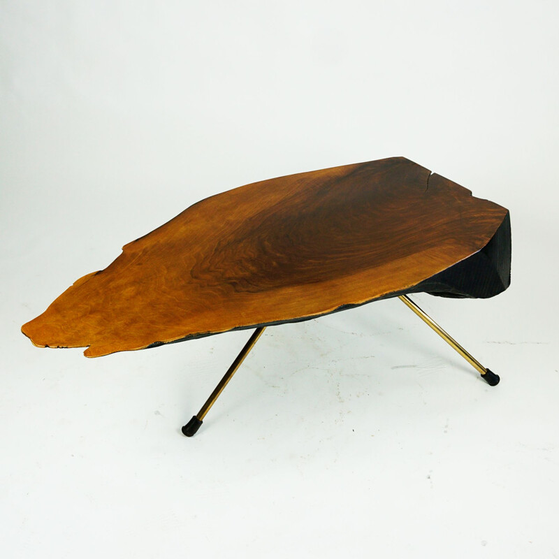 Austrian mid century walnut and brass tree trunk coffee table by Carl Auböck, 1950s