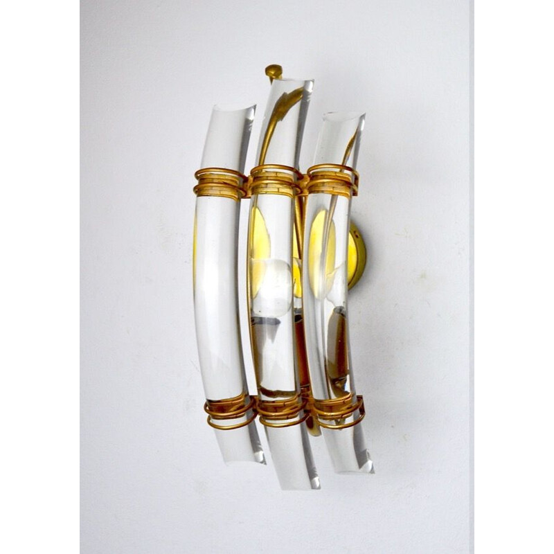 Vintage venini wall lamp in cut glass and gilded metal structure, Italy 1970