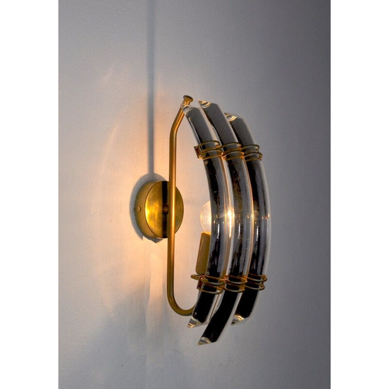 Vintage venini wall lamp in cut glass and gilded metal structure, Italy 1970