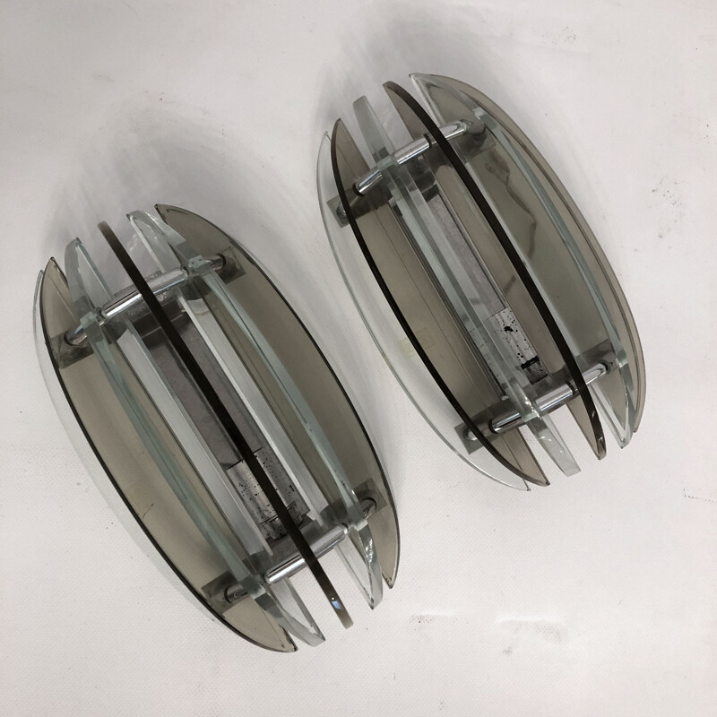 Pair of vintage glass and chrome sconces by Veca, Italy 1960