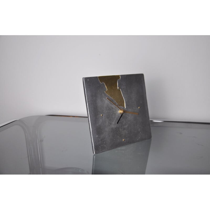 Vintage Art3 Brutalist clock in brass & aluminium, Spain 1980