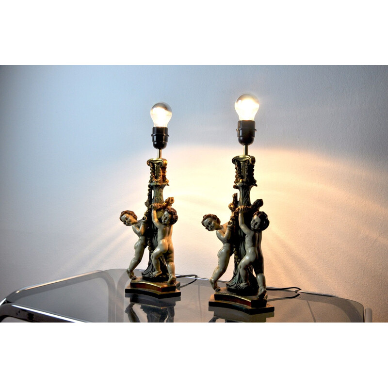 Pair of vintage resin cherub lamps, France 1980