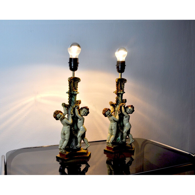 Pair of vintage resin cherub lamps, France 1980