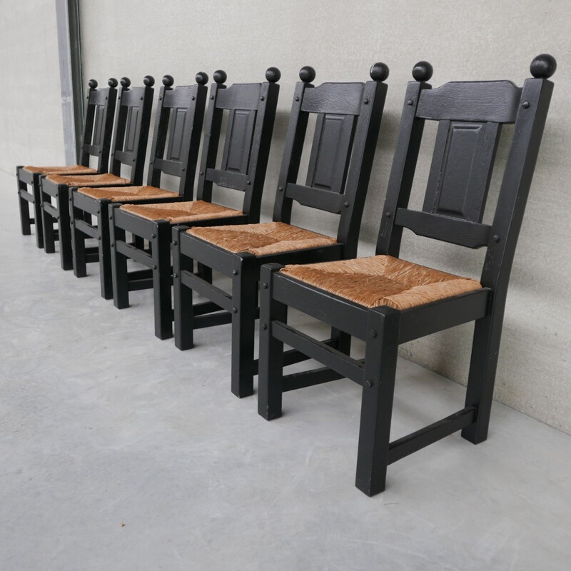 Set van 6 vintage zwarte biezen stoelen, Holland 1970