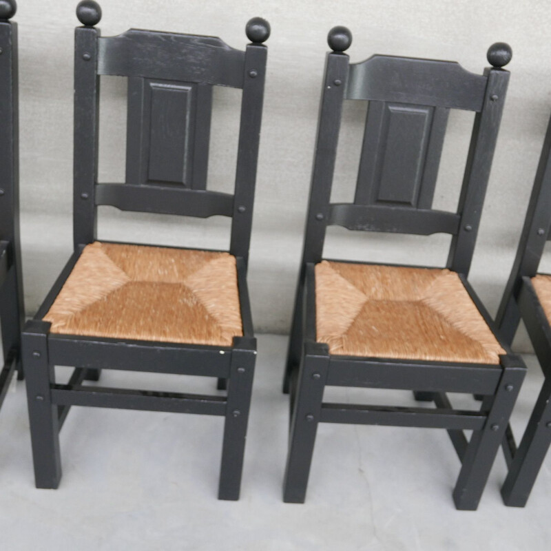 Conjunto de 6 cadeiras de junco negro vintage, Holanda 1970
