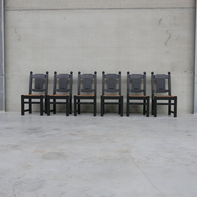 Ensemble de 6 chaises vintage en jonc noir, Hollande 1970