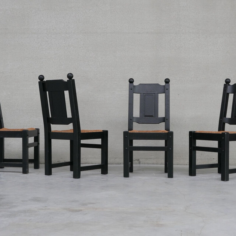 Ensemble de 6 chaises vintage en jonc noir, Hollande 1970