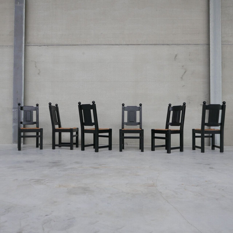 Conjunto de 6 cadeiras de junco negro vintage, Holanda 1970