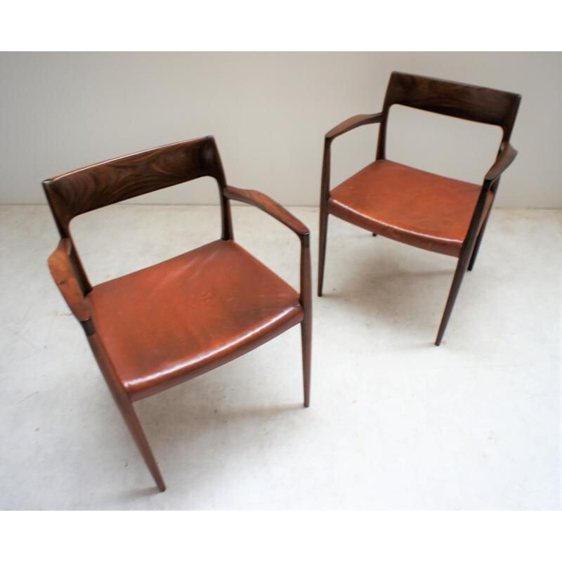 Paire de fauteuils bridge vintage en palissandre et cuir par Niels O' Moller