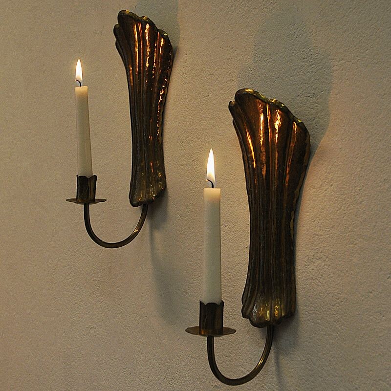 Pair of vintage brass wall candlesticks, Sweden 1960s