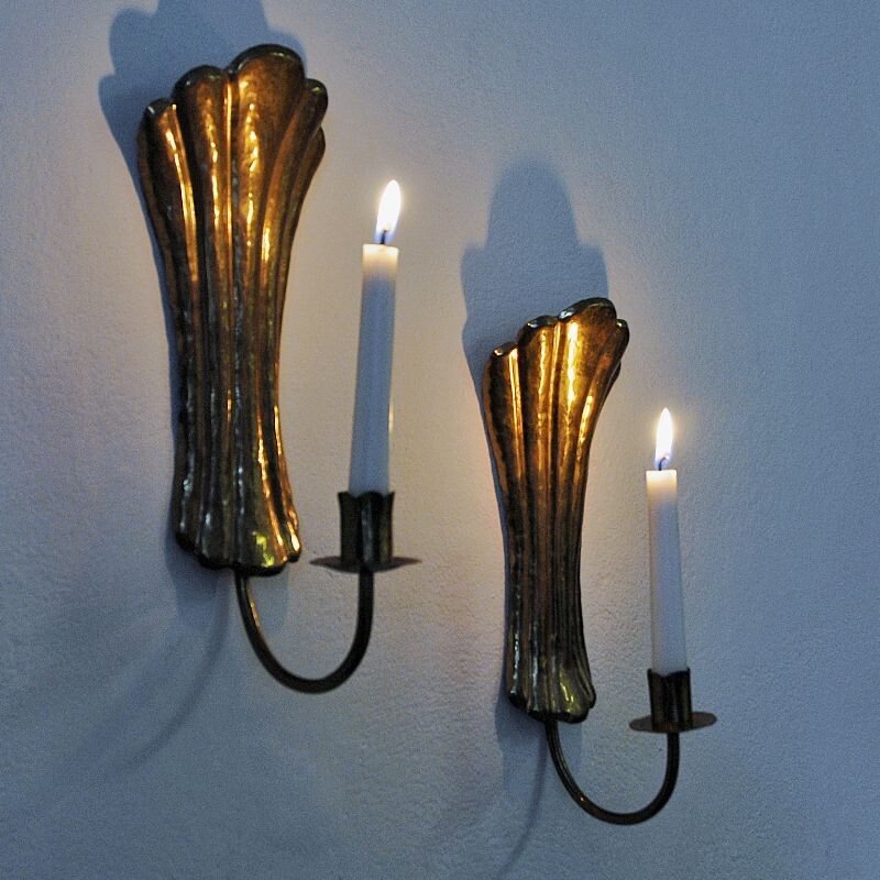 Pair of vintage brass wall candlesticks, Sweden 1960s
