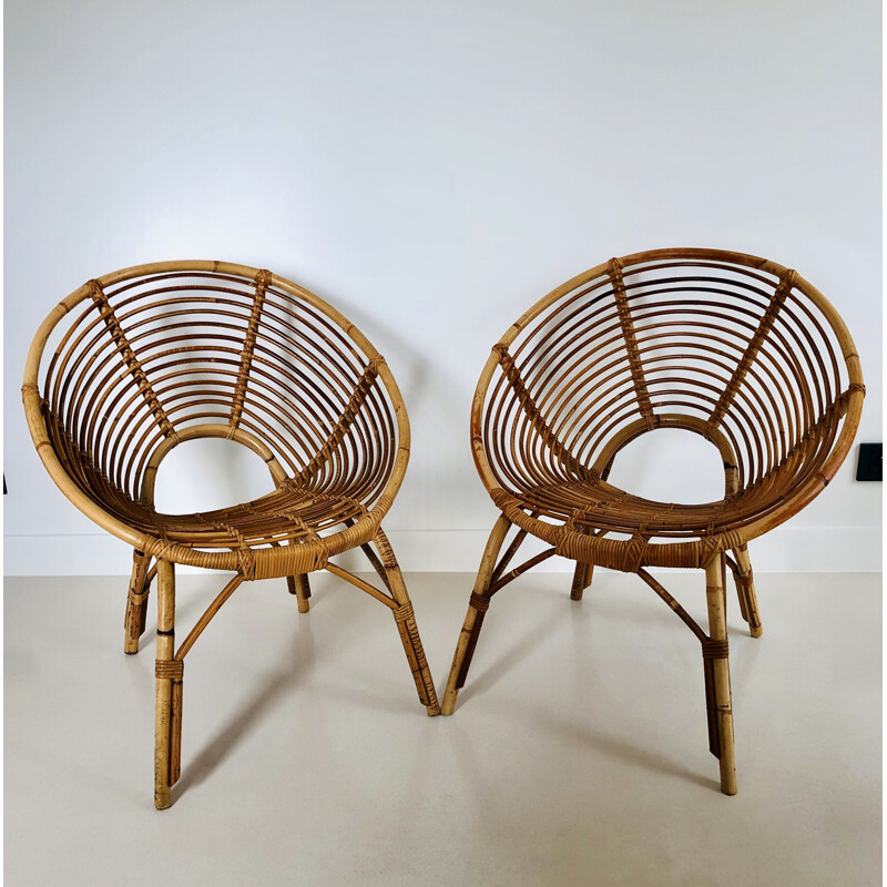 Pair of vintage rattan armchairs, France 1960