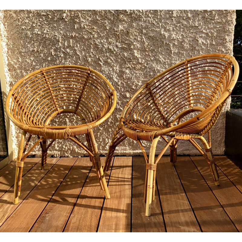 Pair of vintage rattan armchairs, France 1960