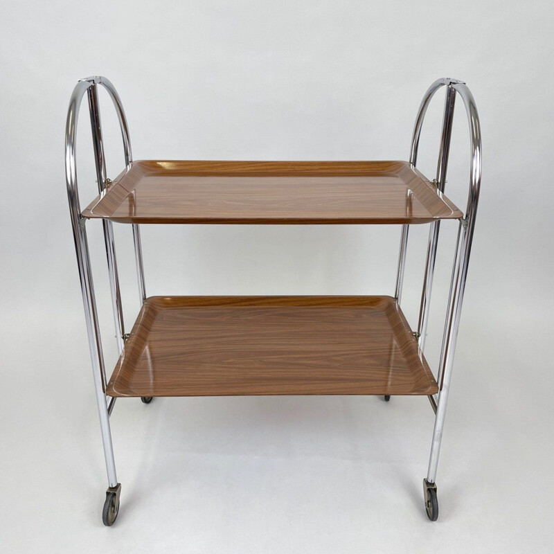 Vintage chrome and plywood folding serving cart, Germany 1950