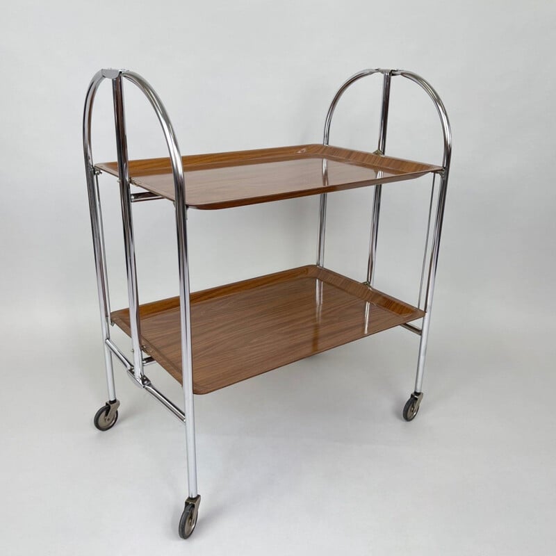 Vintage chrome and plywood folding serving cart, Germany 1950