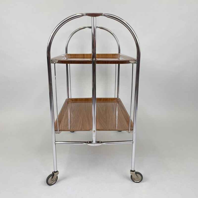 Vintage chrome and plywood folding serving cart, Germany 1950