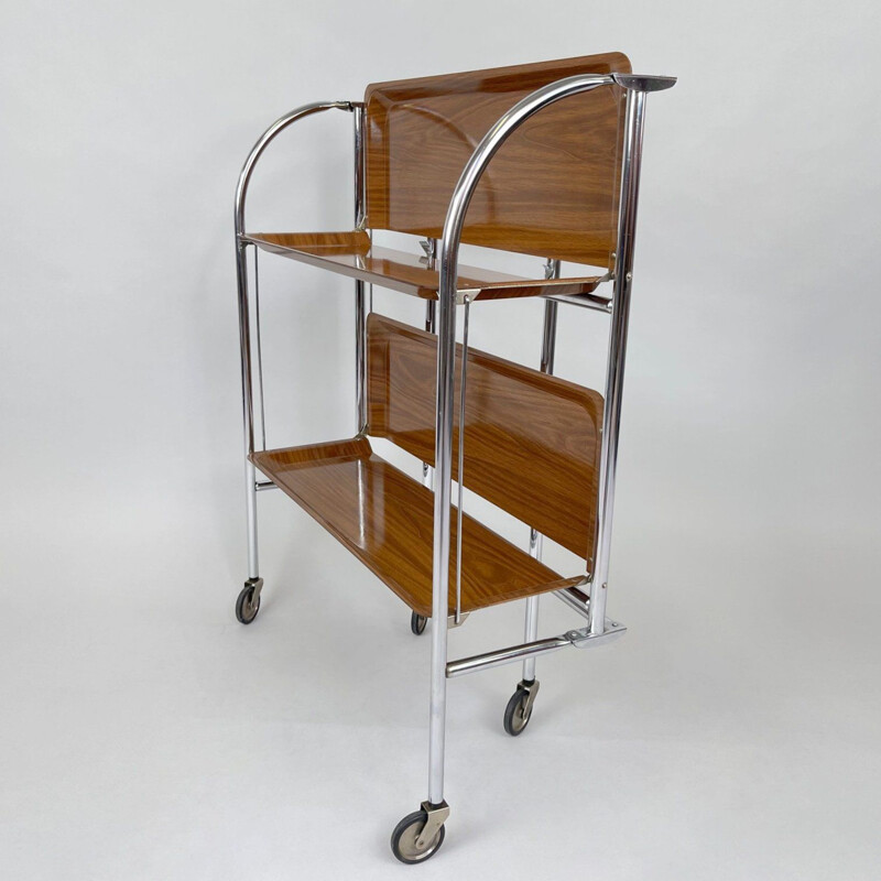 Vintage chrome and plywood folding serving cart, Germany 1950