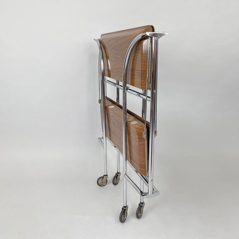 Vintage chrome and plywood folding serving cart, Germany 1950