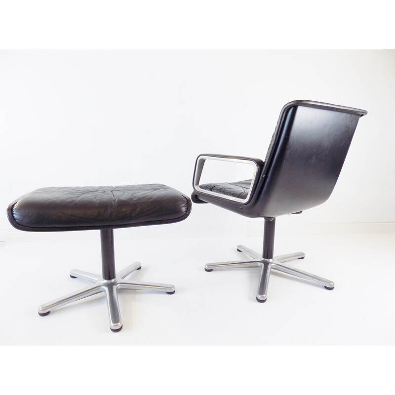 Vintage Wilkhahn Delta black leather armchair with ottoman by Delta Design