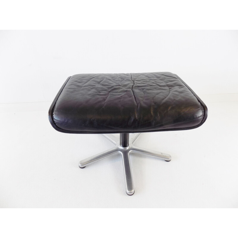Vintage Wilkhahn Delta black leather armchair with ottoman by Delta Design