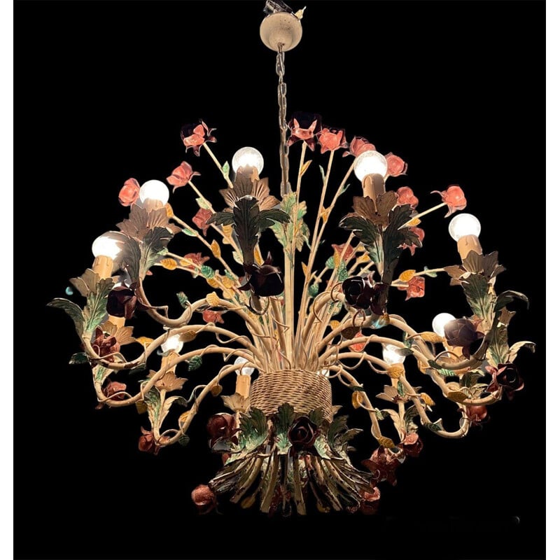 Vintage Italian tole flower chandelier with 12 lights