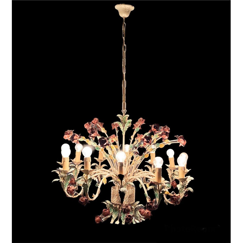 Vintage Italian tole flower chandelier with 12 lights