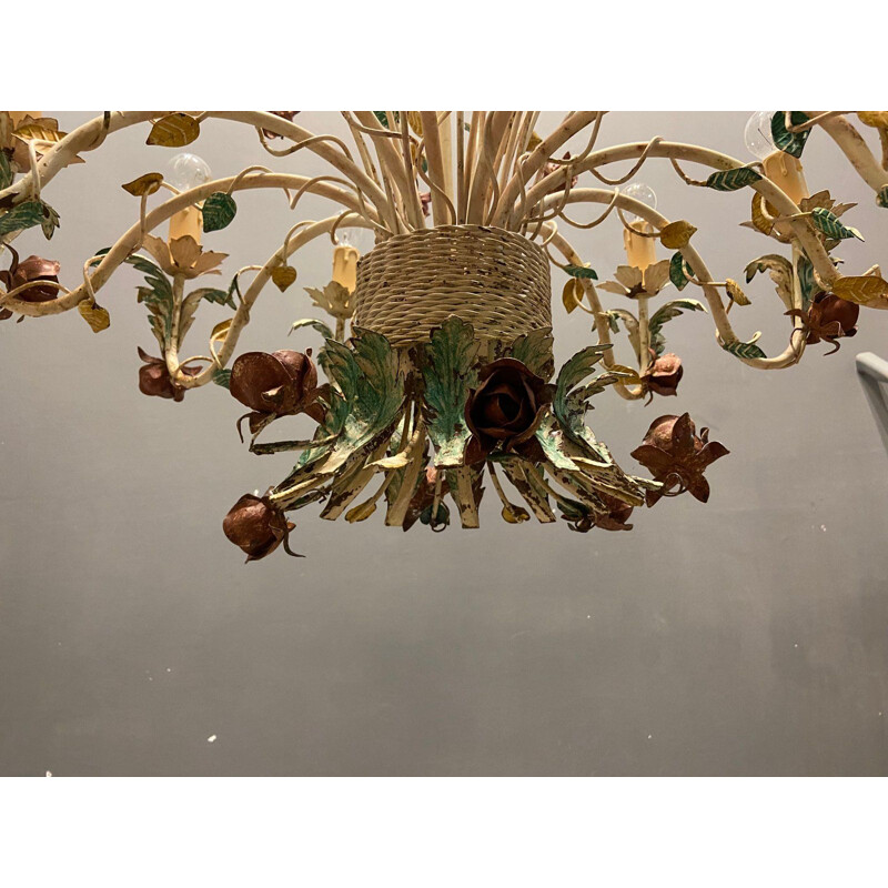 Lustre italien vintage en forme de fleur de tole avec 12 lumières