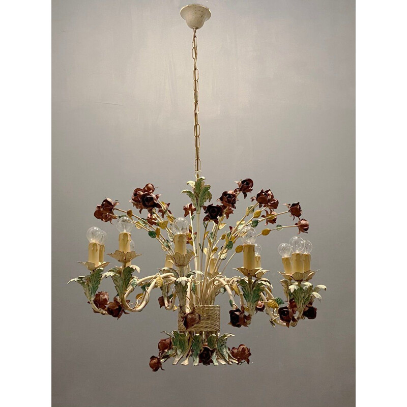 Lustre italien vintage en forme de fleur de tole avec 12 lumières