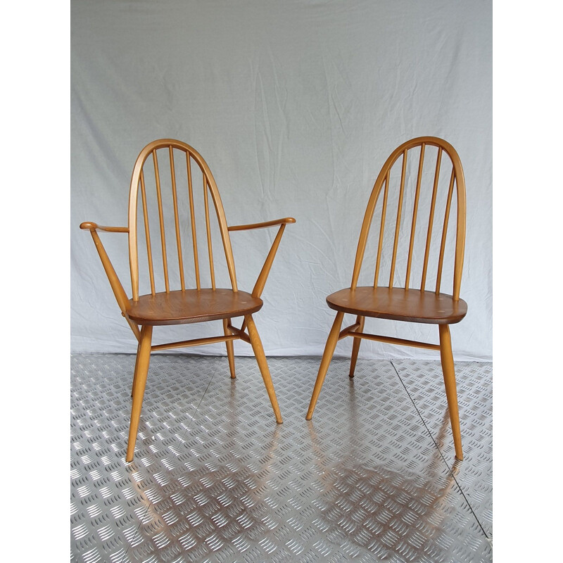 Set of vintage Windsor elmwood and beechwood chair and armchair by Lucian Randolph ERCOLANI, 1960s
