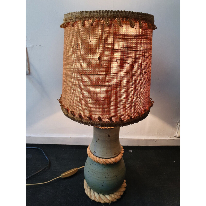 Lampe vintage en laine et grès et Jute par Audoux Minet, 1960