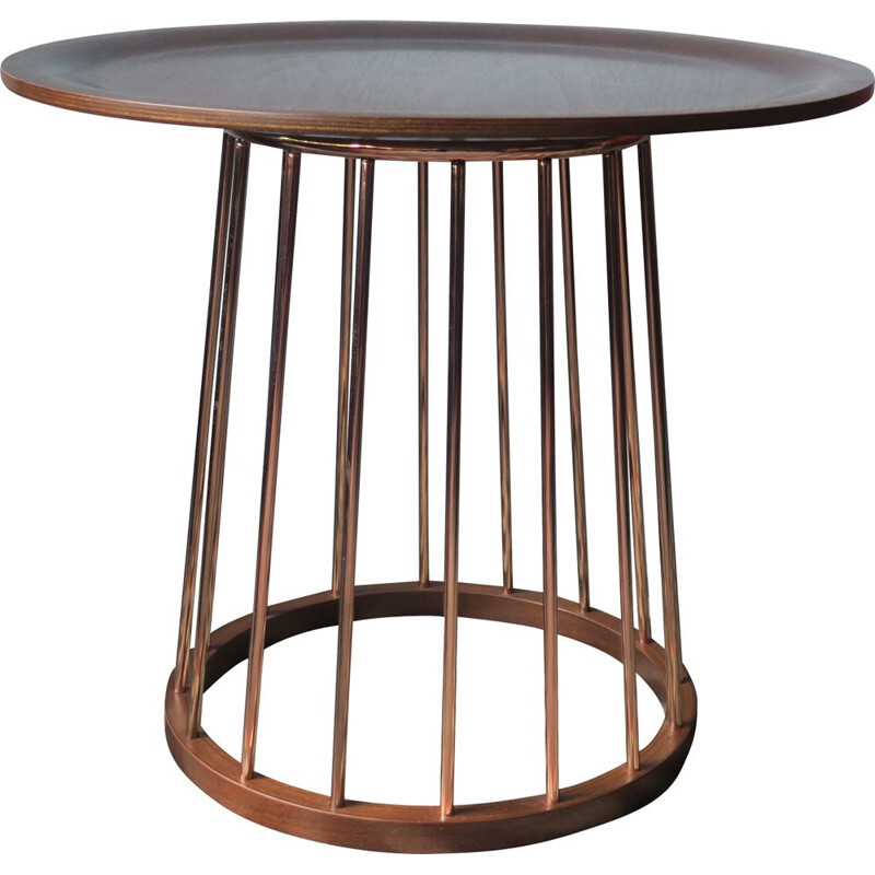 Mesa de centro circular vintage de teca y cobre