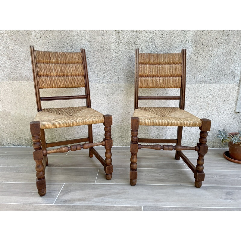 Pair of vintage chairs in solid oakwood and straw