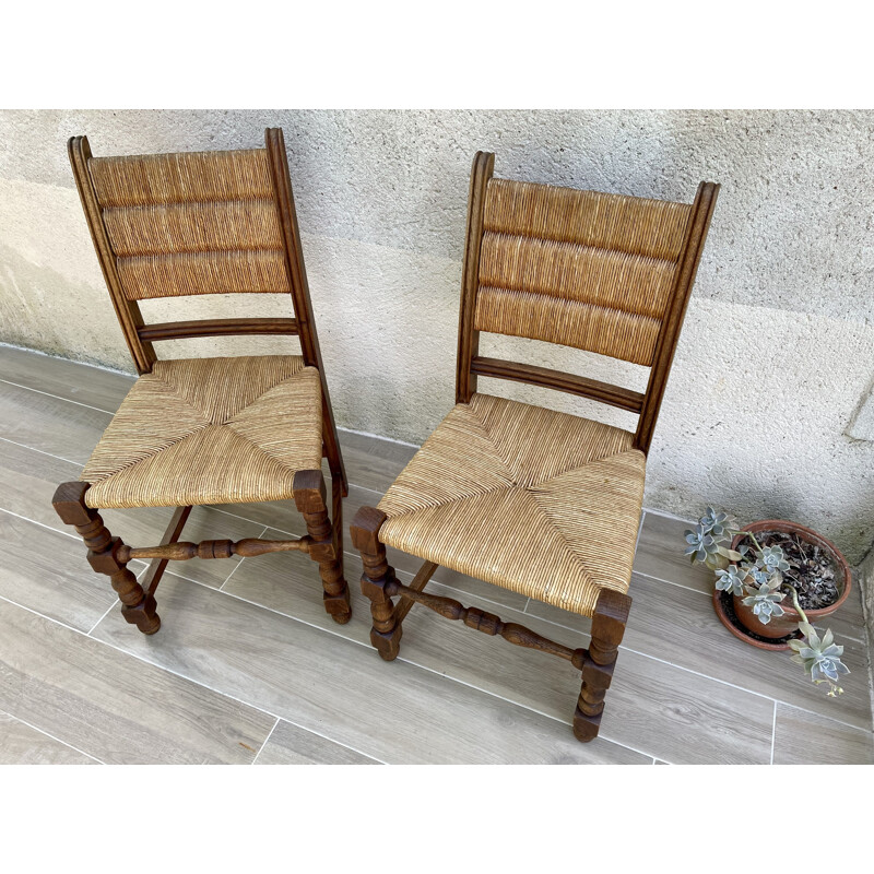 Pair of vintage chairs in solid oakwood and straw
