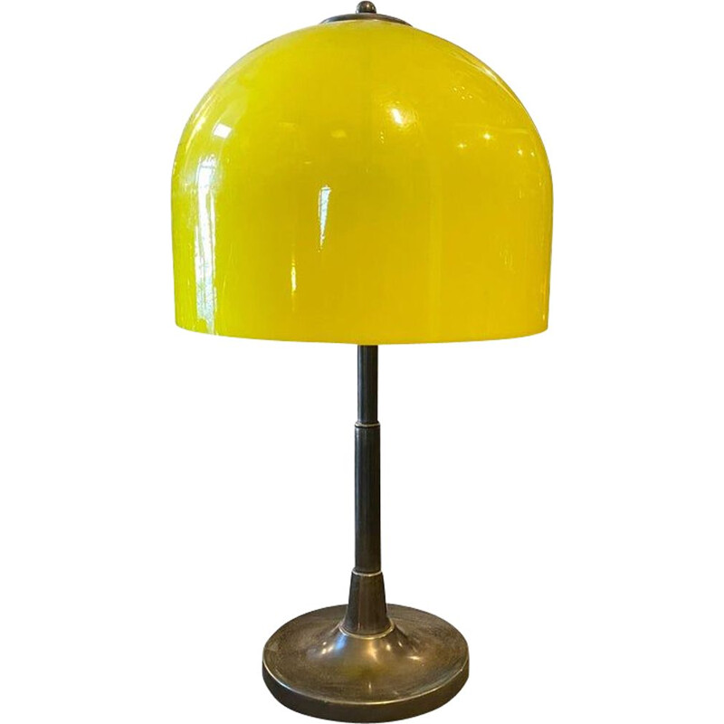 Lampe de table vintage en laiton et plexiglas jaune, Italie 1960