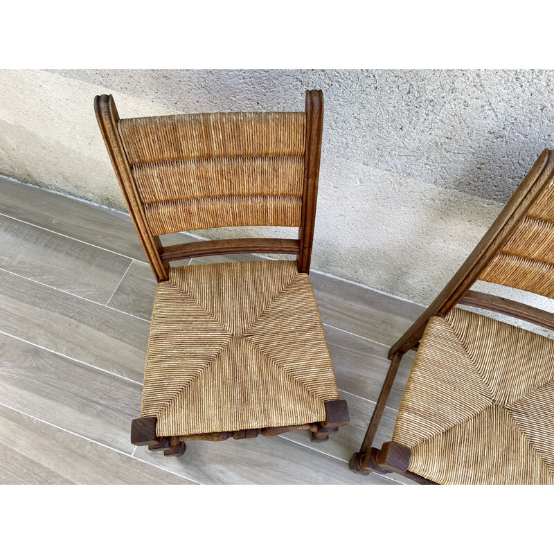 Pair of vintage chairs in solid oakwood and straw