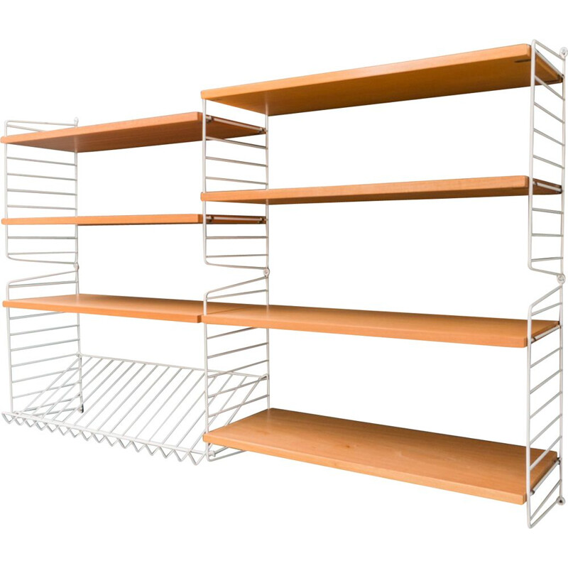 Vintage ashwood String shelving unit with magazine shelf by Nisse Strinning, 1960s