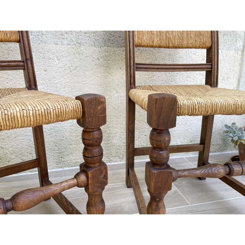 Pair of vintage chairs in solid oakwood and straw