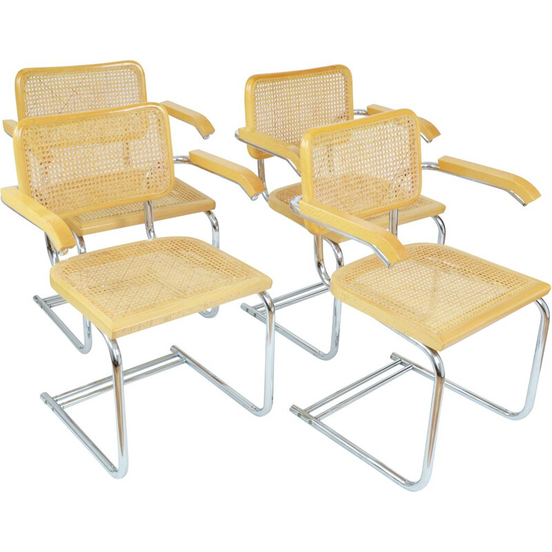 Set of 4 vintage wood and rattan chairs with armrests, Italy 1970s