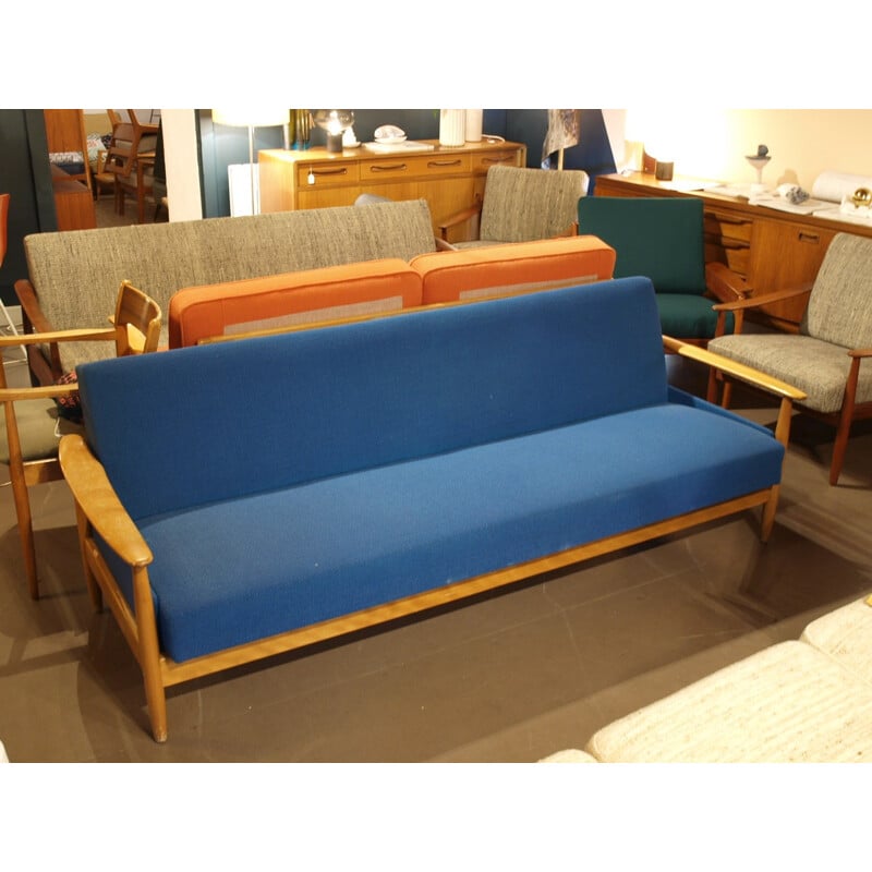 Canapé daybed en bois et tissu bleu - 1960