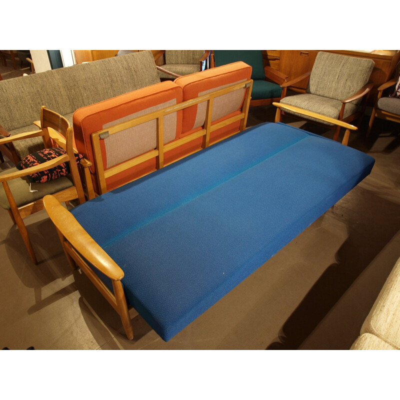 Canapé daybed en bois et tissu bleu - 1960