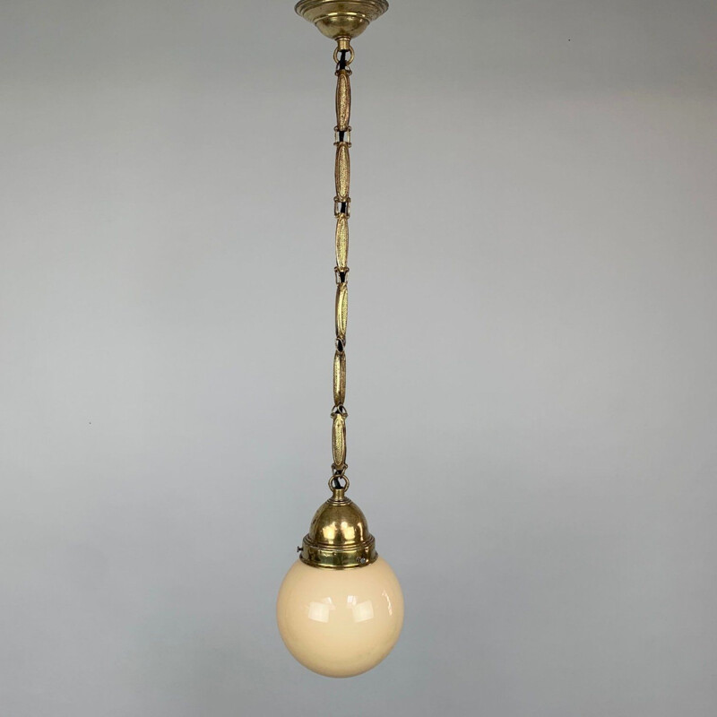 Vintage brass and opal glass pendant lamp, 1930s