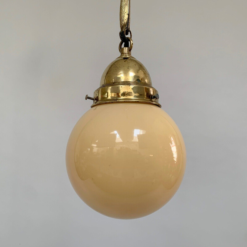 Vintage brass and opal glass pendant lamp, 1930s