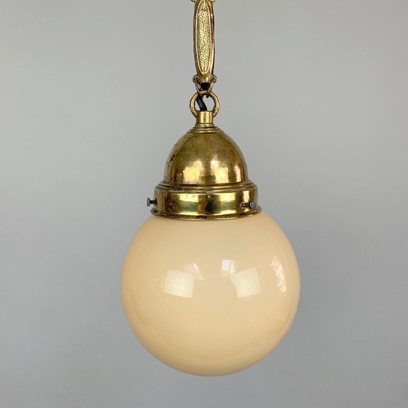 Vintage brass and opal glass pendant lamp, 1930s