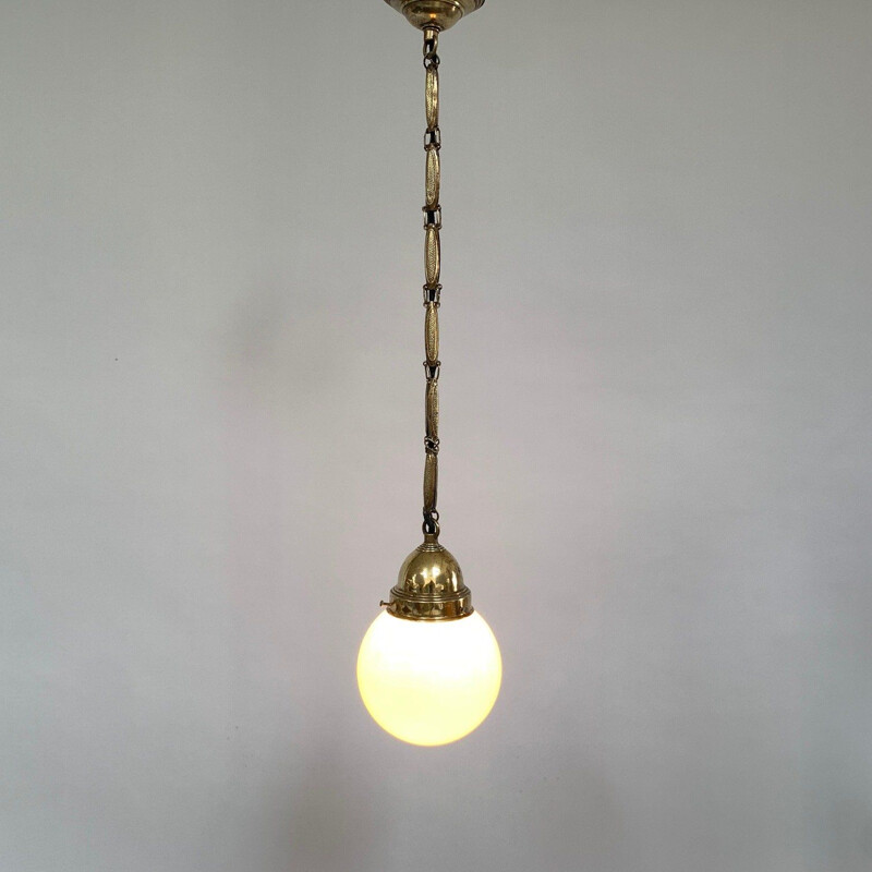 Vintage brass and opal glass pendant lamp, 1930s